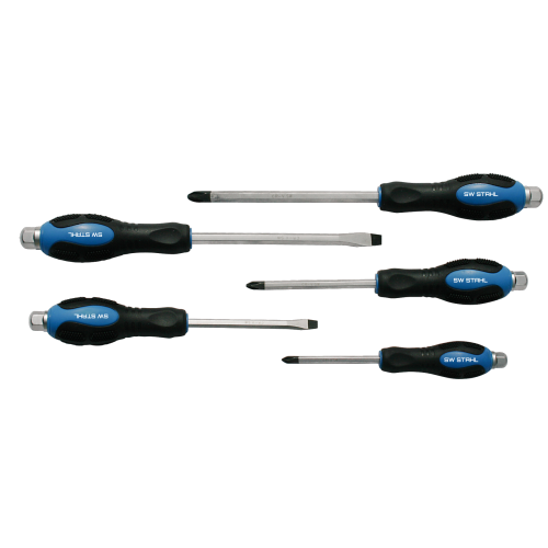 SW-Stahl S7892 skruvmejselsats, slagtålig, slitsad + kryss, 5 st.