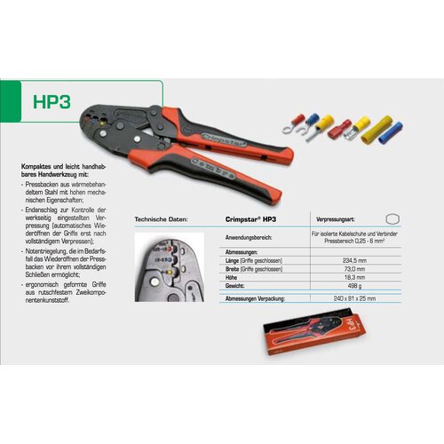 Cembre HP3 Crimpzange für isolierte Kabelschuhe 0,25-6mm²