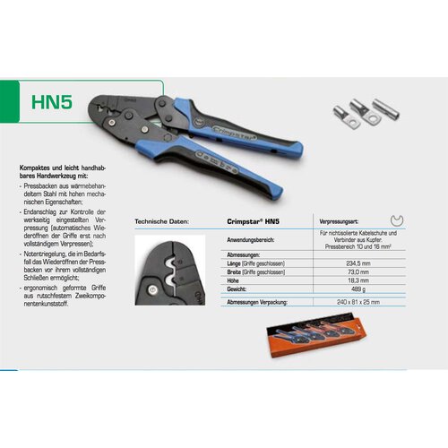 Cembre HN5 Pince à sertir pour cosses non isolées 10-16mm² / Type de sertissage : par mandrin
