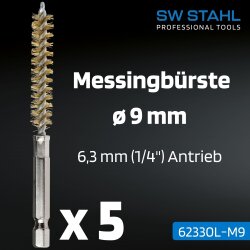 SW-Stahl 62330L-M9 mosazné kartáče, ø 9 mm, 5 kusů