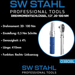 SW-Stahl 03808L Llave dinamométrica, 1/2" pulgada, 20-100 Nm