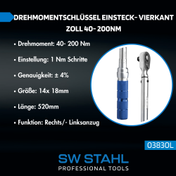 SW-Stahl 03830L momentnøgle med firkantet fatning, 40-200 Nm