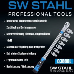 SW-Stahl 03880L Clé dynamométrique professionnelle avec clés à douille et cliquet réversible à douille, 40-200 Nm, 9 pièces