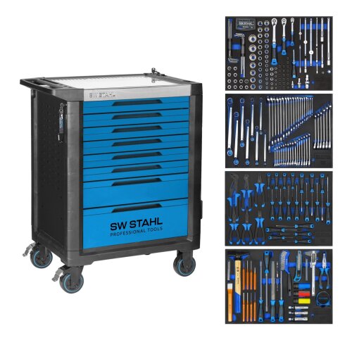 Carrinho de oficina profissional SW-Stahl Z3113 TT801, azul, equipado, 246 peças