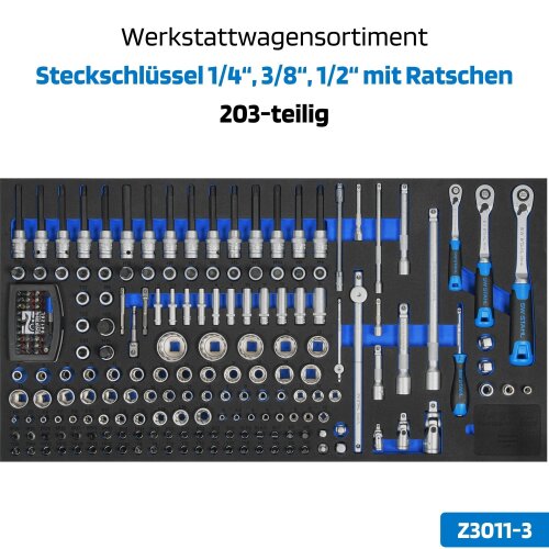 SW-Stahl Z3011-3 verkstedvogn sortiment, pipenøkler 1/4", 3/8", 1/2", med skralle, 203 stk.
