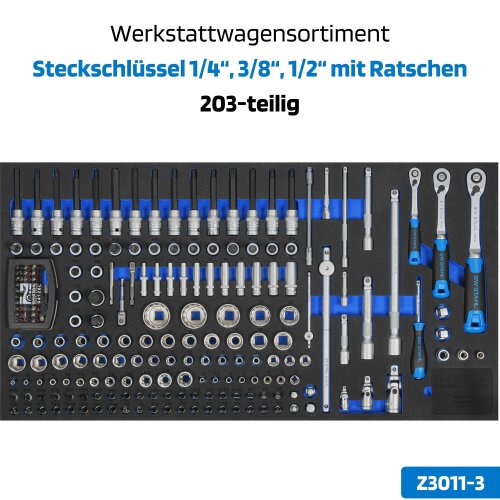 SW-Stahl Z3011-3 Werkstattwagensortiment, Steckschlüssel 1/4 Zoll,  3/8 Zoll, 1/2 Zoll, Ratschen, 203-teilig