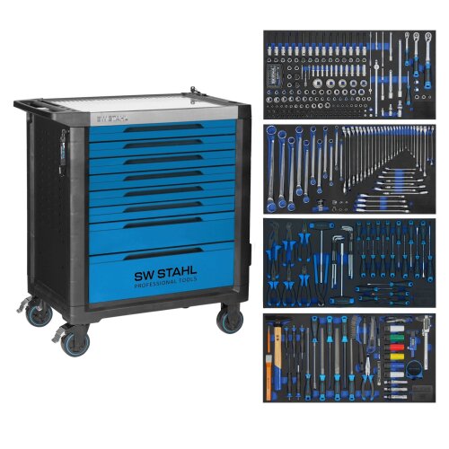 SW-Stahl Z3211 επαγγελματικό καρότσι εργαστηρίου TT802, μπλε, εξοπλισμένο, 338 τεμάχια