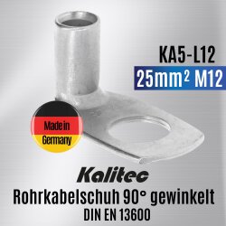 Kalitec KA5-L12 tubular cable lug 90° angled 25mm² M12