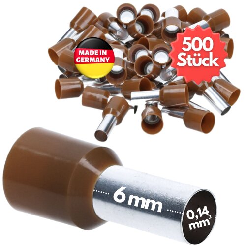 Kalitec AE01406BR Aderendhülsen isoliert 0,14mm² braun 6mm / 500 Stück