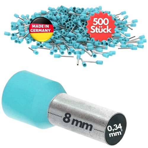 Kalitec AE03408TK stieples gala uzmavas, izolētas 0,34 mm² tirkīza, 8 mm garas / 500 gab.