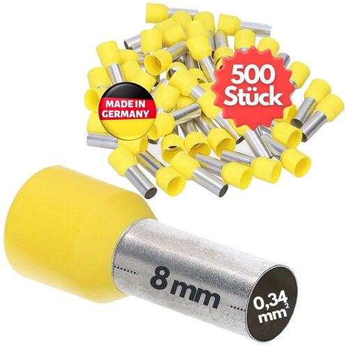 Kalitec AE03408GE vielos galinės movos izoliuotos 0,34 mm² geltonos 8 mm ilgio / 500 vnt.