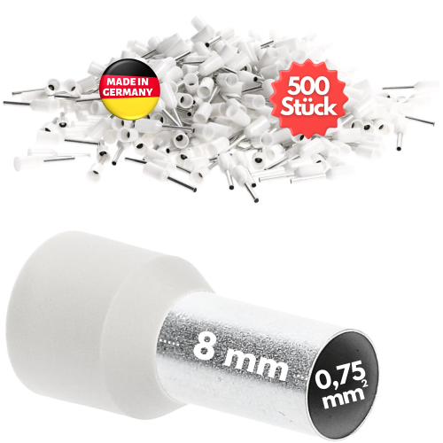 Kalitec AE07508WS končni tulci žice izolirani 0,75 mm² bela dolžina 8 mm / 500 kosov