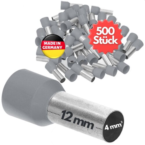 Kalitec AE412GR Aderendhülsen isoliert 4,0mm² grau 12mm lang  / 500 Stück