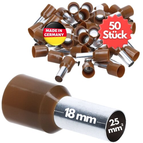 Kalitec AE2518BR wire end sleeves insulated 25mmÂ² brown 18mm long / 50 pieces