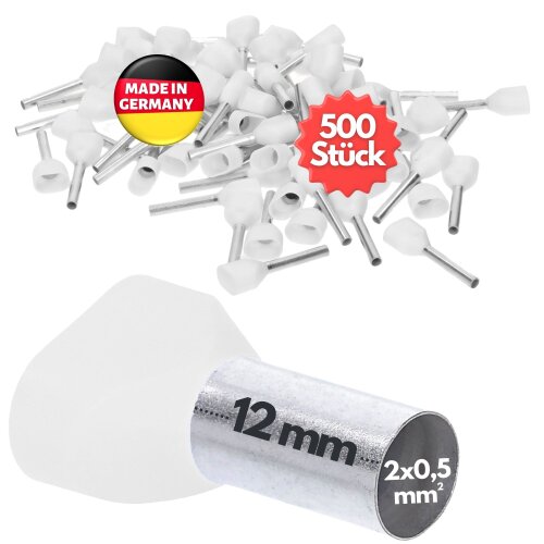 Kalitec AET0512WS Zwillingsaderendhülsen 2x0,5mm² weiß 12mm lang 500 Stück