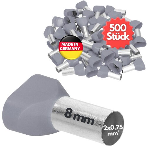 Kalitec AET07508GR twin wire end sleeves 2x0.75mmÂ² gray 8mm long 500 pieces