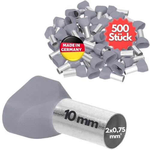 Kalitec AET07510GR dubbeltrådsändhylsor 2x0,75mm² grå 10mm långa 500 stycken