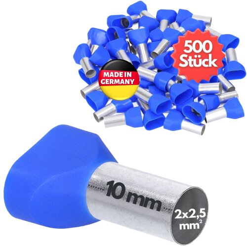 Kalitec AET2510BL divu stiepļu gala uzmavas 2x2,5 mm² zilas 10 mm garas 500 gab.