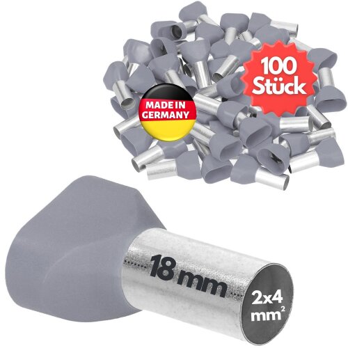 Kalitec AET418GR Zwillingsaderendhülsen 2x4mm² grau 18mm lang 100 Stück