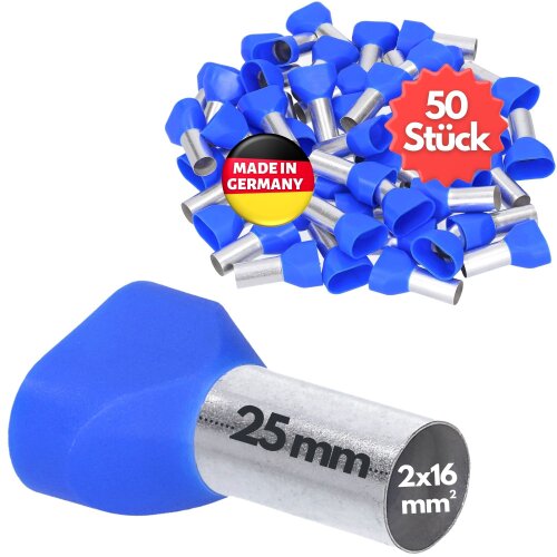 Kalitec AET1625BL twin wire end sleeves 2x16mmÂ² blue 25mm long 50 pieces