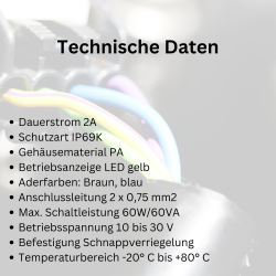 DT06-2S Buchse 2 polig mit angespritztem 5 m PUR Kabel 2x0,75 mm² LED+Diode vorkonfektionierte Leitung 922160