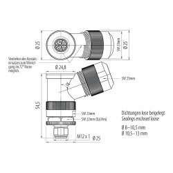 binder 99-0639-370-05 M12 L Winkelstecker 4+FE, ungeschirmt, IP67, mit PE-Anbindung, 8,0–13,0 mm