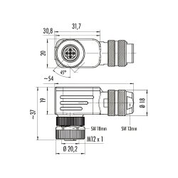 binder 99-1436-822-05 M12 Winkeldose 5-polig, schirmbar, Schraubklemme, IP67, 6,0–8,0 mm