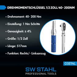 SW-Stahl 03814L Drehmomentschlüssel, 1/2", 40-200 Nm
