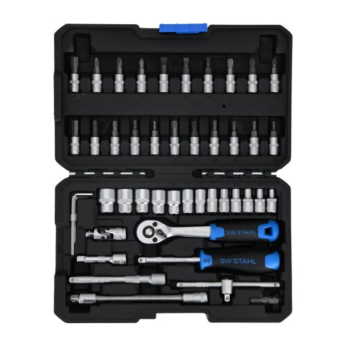 SW-Stahl 07748L Steckschlüsselsatz 1/4" Zoll Sechskant I Werkzeugkoffer 48-teilig I Knarrenkasten klein I Ratschenkasten für Auto I Nusskasten mit Ratsche I Steckschlüssel und Bitsatz
