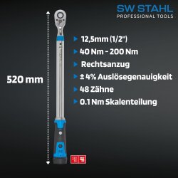 Chave de torque profissional SW-Stahl 03874L, 1/2 polegada, 40-200 Nm
