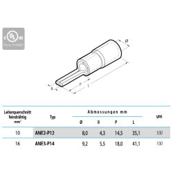 Cembre ANE2-P12 Nylon isolierter Stiftkabelschuh 10mm²