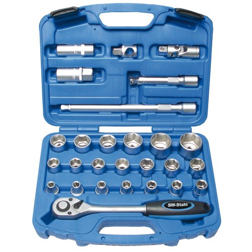 SW-Stahl S21-120 Steckschlüsselsatz, 1/2" Zoll, zöllig, 27-teilig I Ratschenkasten I Knarrenkasten I Nusskasten